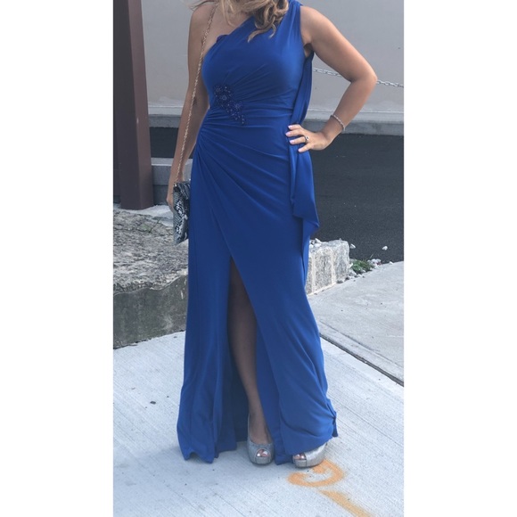 One Shoulder Beaded Brooch Draped Formal Gown - Picture 10 of 16